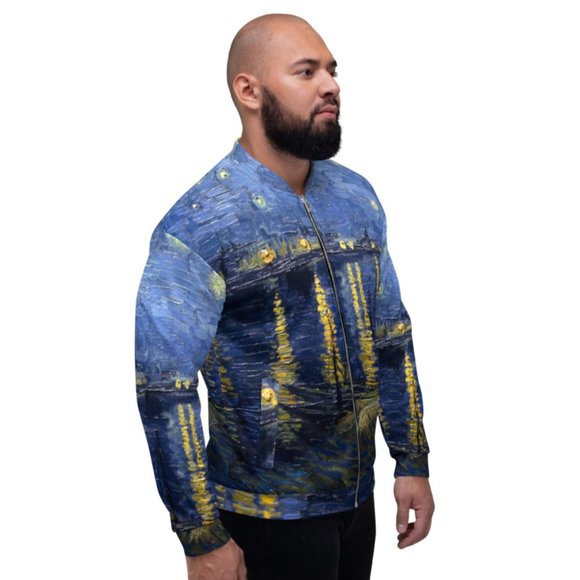 Vincent Van Gogh Starry Night Over the Rhone Famous Retro Painting Bomber Jacket - Picture 3 of 10